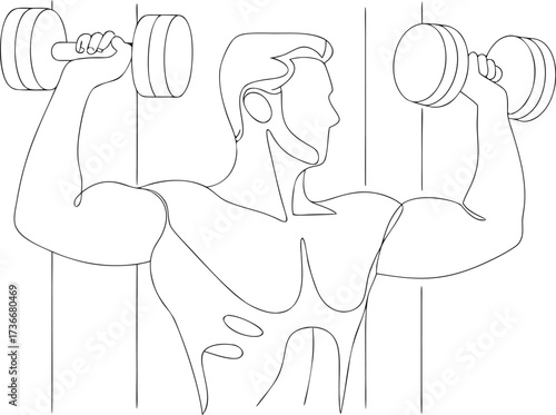 Man lifting dumbbells in gym one line art vector illustration transparent background