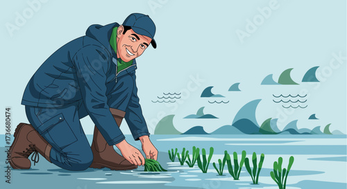 Illustration of a man planting underwater plants with ocean waves background
