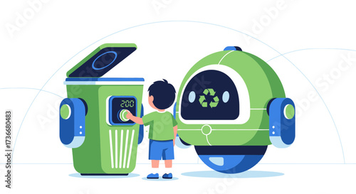 Illustration of a boy interacting with a robot and a recycling bin for environmental conservation