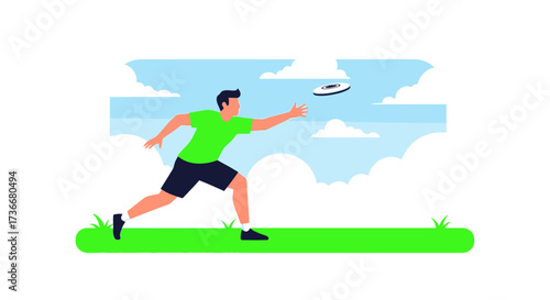 Illustration of a man playing frisbee outdoors on a sunny day with clouds