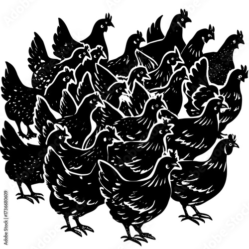 Abundant Collection of Chickens in Black and White Linocut