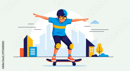 Illustration of a boy skateboarding in a city while enjoying the outdoors