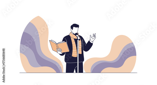 Illustration of a man reading from a book, with a microphone and speech gestures