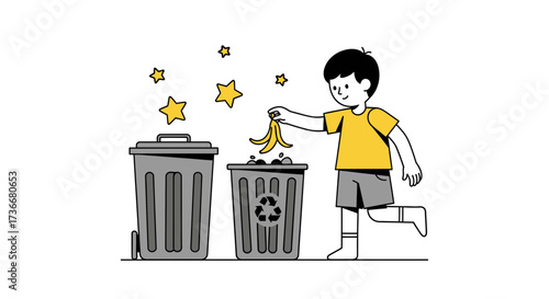 Illustration of a boy throwing banana peel into a recycling bin for a clean environment clean