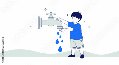 Illustration of a boy using a faucet, emphasizing water conservation and saving water