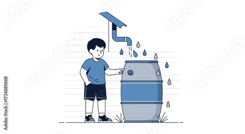 Illustration of a boy using a rainwater harvesting system for saving water