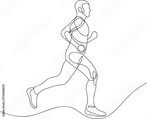 Athlete running forward one line art vector illustration transparent background.