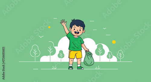 Illustration of a boy volunteering to help clean up the environment and waving hello