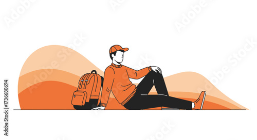 Illustration of a man resting with a backpack in an outdoor setting