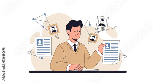 Illustration of a Man Reviewing Resumes for Job Hiring and Human Resources Concept