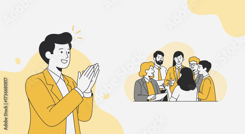 Illustration of a business team with a person applauding and celebrating success achievements