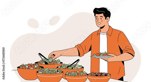 Illustration of a man serving himself salad at a buffet style food serving