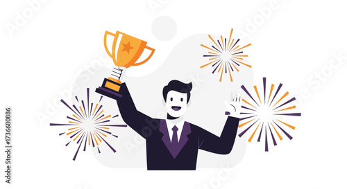 Illustration Of A Businessman Celebrating Success And Holding Uppward The Gold Trophy Illustration
