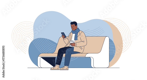 Illustration of a man sitting on a bench using a smartphone and drinking coffee