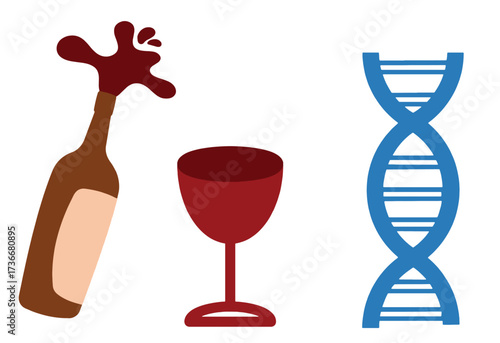 Alcohol addiction and DNA genetics. Illustration showing the connection between alcohol addiction and genetics. Depicts a wine bottle, glass, and DNA strand. Useful for health, science.