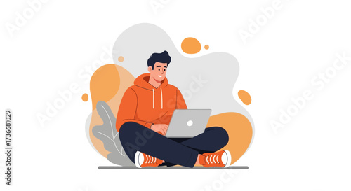 Illustration of a man using a laptop, sitting, and working from home or remotely