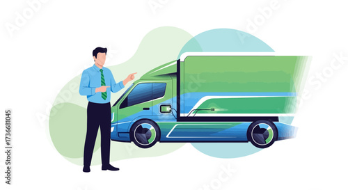 Illustration of a businessman presenting an electric delivery truck for sustainable transport