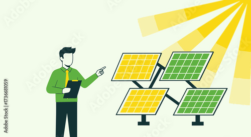 Illustration of a businessman presenting solar panels representing green energy promotion