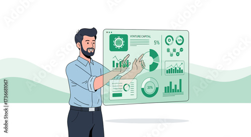 Illustration of a businessman presenting venture capital data analysis and financial reports