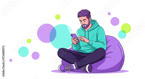 Illustration of a man using a smartphone while relaxing on a beanbag chair and smiling