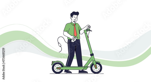 Illustration of a man with an electric scooter and a charger, eco-friendly transportation