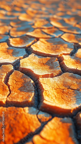 Close up of dry cracked earth displays severe drought, showing environmental stress from prolonged water scarcity and heat.