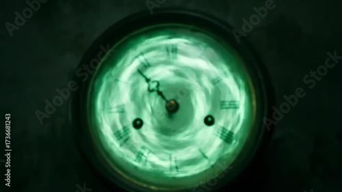 Glowing green clock face with Roman numerals showing time in vintage antique style light