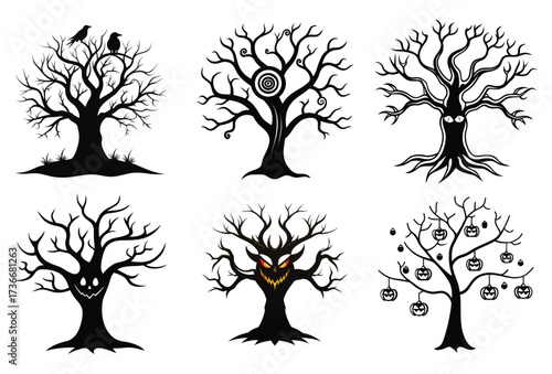Spooky Halloween Trees with Eyes and Lanterns – Scary Haunted Tree Vector Set
