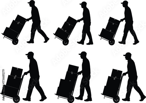 Hand truck silhouette, box transport, delivery worker, pushing motion, logistics task, posture variation, warehouse action, vector icon, ergonomic study, manual handling