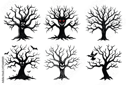 Scary Halloween Tree Clipart Set – Spooky Haunted Trees with Faces and Lanterns
