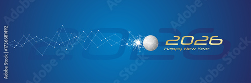 Happy New Year 2026 the new year of the sports games greeting card. Cyberspace network movement of a sports ball line design blue abstract background