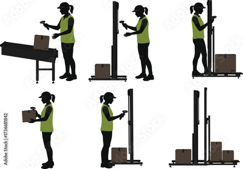 Package scanning silhouette, logistics worker, vertical scanner, handheld device, posture variation, warehouse task, delivery motion, ergonomic study, vector icon, inspection action