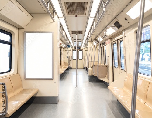 Blank advertising poster mockup inside subway train