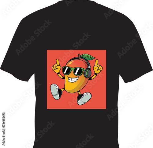 This trendy T-shirt design showcases a fun and energetic cartoon mango character with sunglasses, headphones, and sneakers, exuding a playful party vibe. The bold red background contrasts perfectly wi