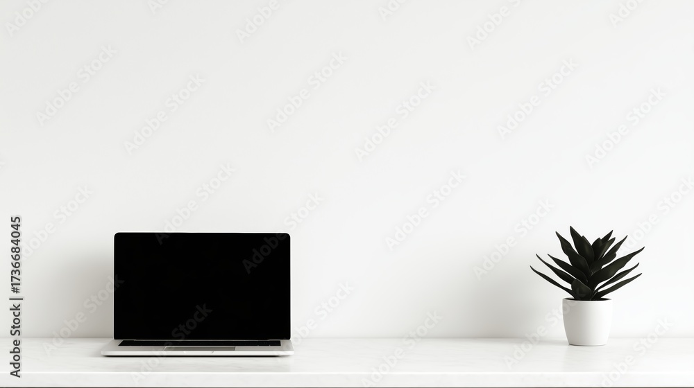 Obraz premium A laptop on a white desk with a potted plant