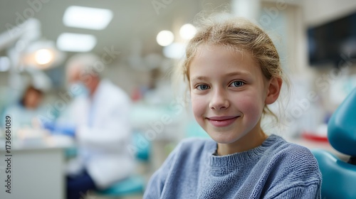 A young girl smiles confidently while sitting in a dental chair, showcasing a positive experience at the dentist's office.