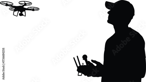 Silhouette of a man flying a drone with a remote control, silhouette, man, drone, flying, remote control, controller, technology, aerial, photography, videography, hobby, recreation, outdoor, sky, whi