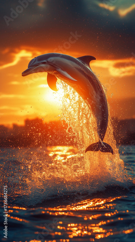 A beautiful wild dolphin jumps high out of the sparkling ocean water during a stunning golden sunset, creating magnificent splashes.
