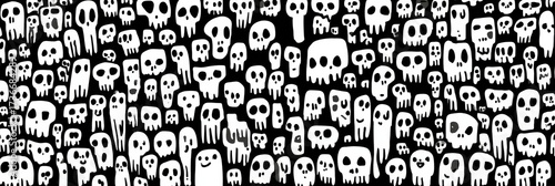 A vibrant mural displays diverse white skulls on a black background, creating an engaging visual experience.