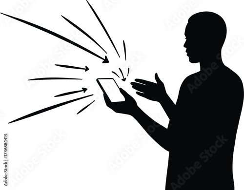 Silhouette of a person receiving many messages on a smartphone, person, silhouette, smartphone, mobile phone, messages, notifications, communication, information, overload, overwhelmed, stressed, anxi