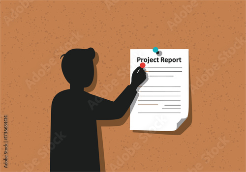 Silhouette of a person pinning a project report to a textured wall, project report, pinning, paper, document, information, person, silhouette, man, woman, wall, textured, corkboard, bulletin board, of