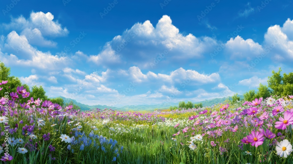 Obraz premium Vibrant meadow filled with colorful wildflowers under a clear blue sky, showcasing nature's beauty