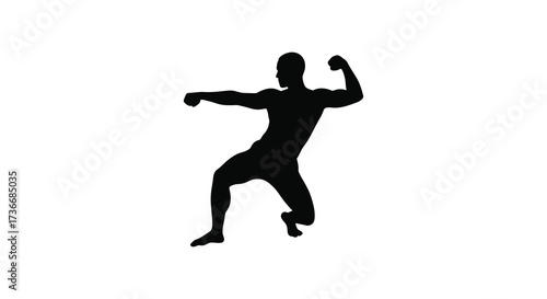 Dynamic silhouette of a muscular man performing a martial arts kick in mid-action pose