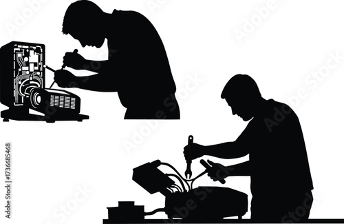 Silhouettes of technicians repairing electronic devices, technician, repair, fixing, electronics, projector, device, equipment, tools, wrench, pliers, wires, circuit board, technology, maintenance, se