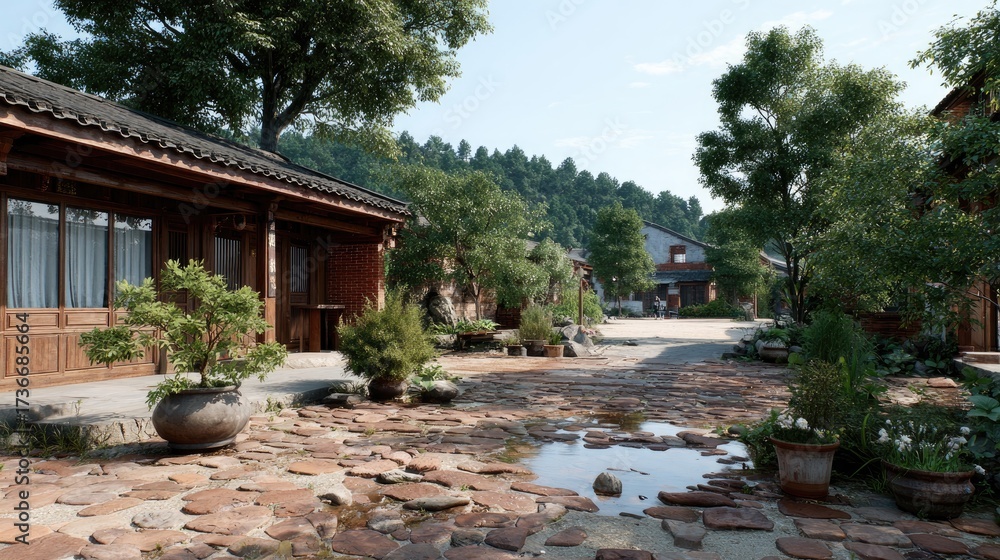 Obraz premium Morning light filters through lush leaves in a tranquil village with cobblestone streets and vibrant flowers adorning stone walls