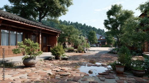 Fototapeta Naklejka Na Ścianę i Meble -  Morning light filters through lush leaves in a tranquil village with cobblestone streets and vibrant flowers adorning stone walls