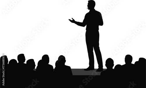 Speaker addressing an audience in silhouette presenter, silhouette, speaker, man, presenter, audience, crowd, lecture, speech, presentation, conference, meeting, seminar, event, stage, microphone, ges