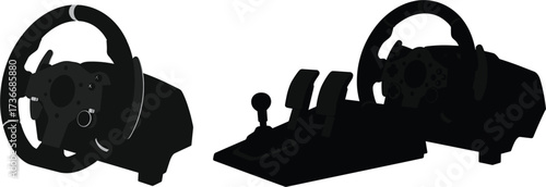 Two black silhouettes of gaming steering wheels and pedals, silhouette, racing wheel, pedals, gaming, simulator, steering wheel, video game, controller, input device, technology, gaming accessory, car