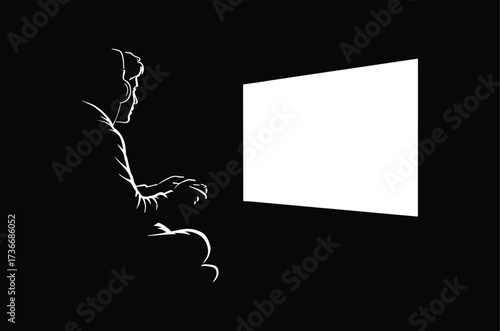 White outline of a person sitting and looking at a blank screen, silhouette, person, sitting, looking, screen, blank, white, black background, outline, contour, figure, human, contemplation, focus, co