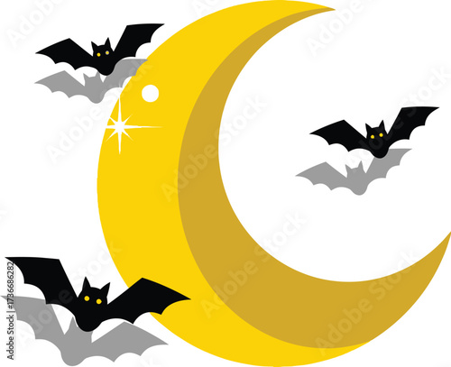 Spooky halloween night with bats flying around a glowing moon in the dark sky